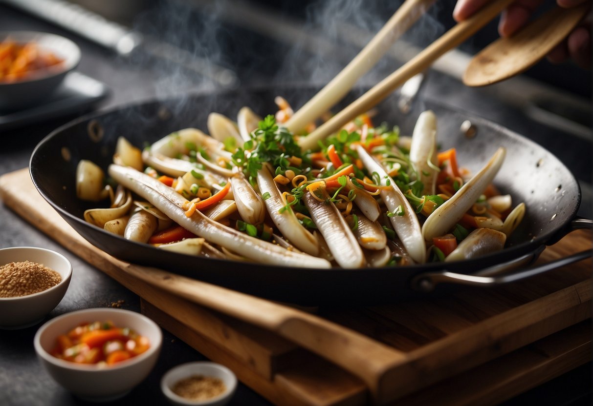 Razor clams being stir-fried in a wok with Chinese seasonings and vegetables