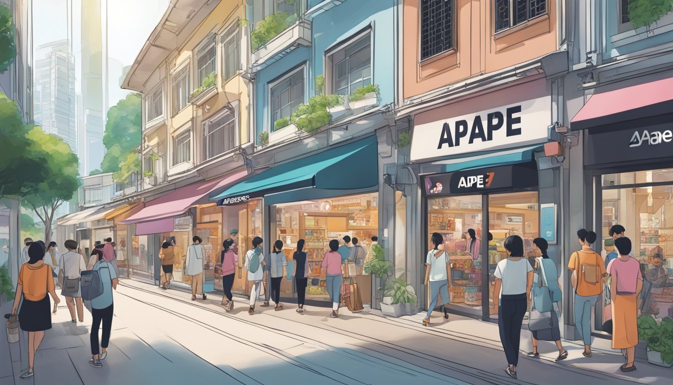 A bustling street in Singapore, with a prominent storefront displaying "AAPE" branding. Customers are seen entering and exiting the store, while a customer service representative assists a shopper with their purchase