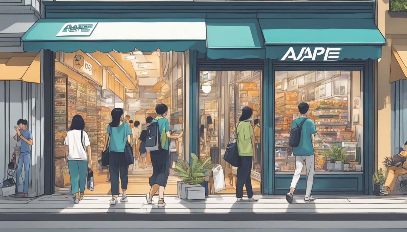 A busy street in Singapore with a prominent storefront displaying "AAPE" merchandise. Pedestrians are seen browsing and entering the store