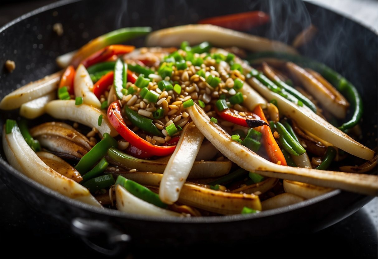 A chef stir-fries razor clams with ginger, garlic, and soy sauce in a sizzling wok. Green onions and chili peppers add color and heat to the dish