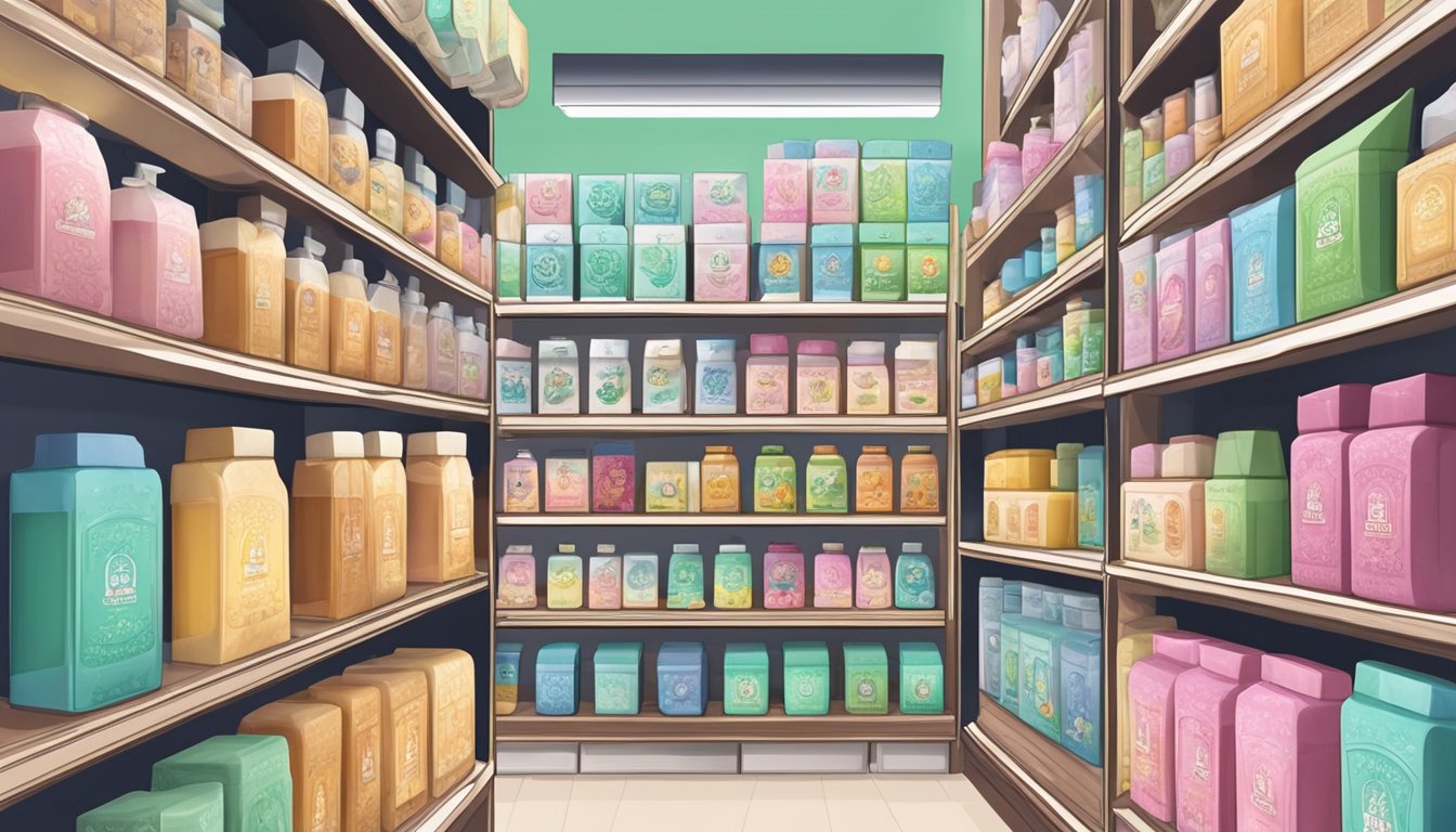 Ah Yuan soap displayed on shelves in a Singaporean store, with various scents and packaging options available for purchase