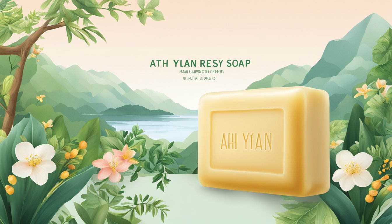 A bar of Ah Yuan soap surrounded by natural ingredients and a clear, clean background. Find Ah Yuan soap in select stores across Singapore