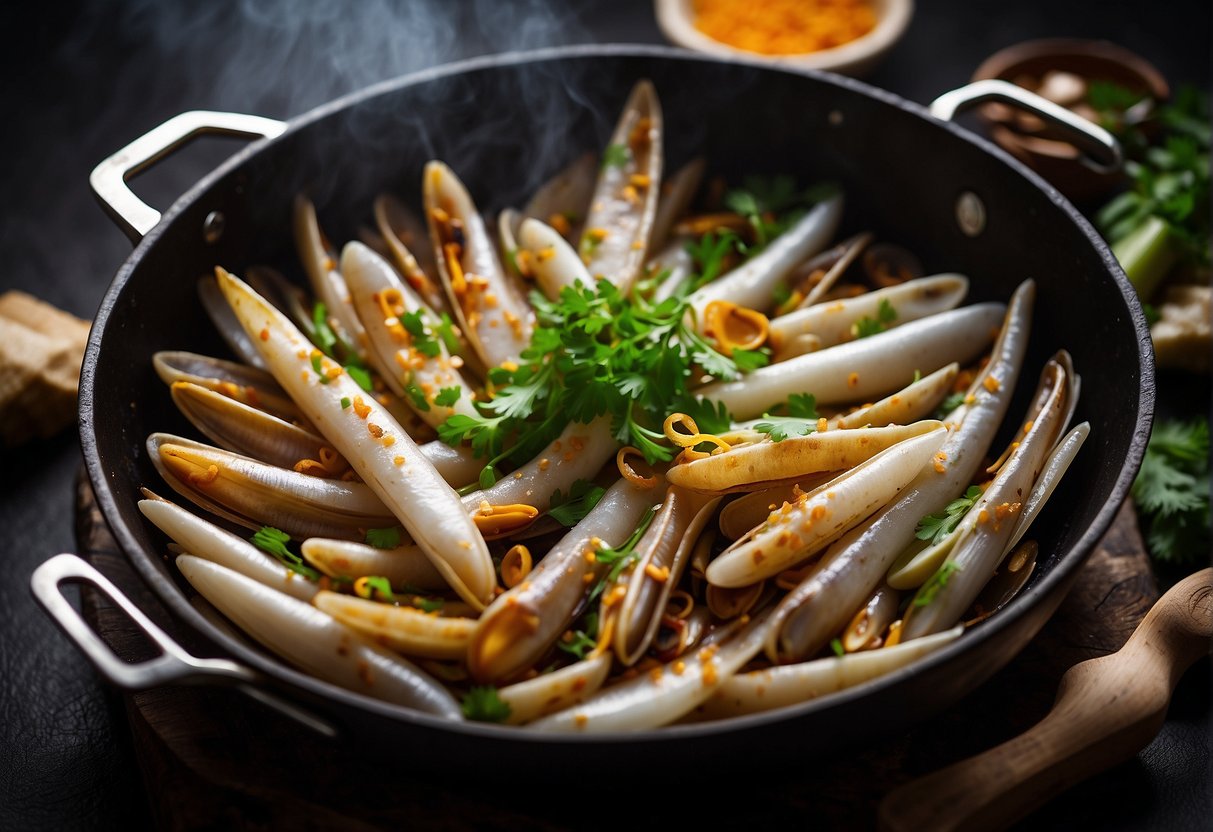 Razor clams sizzling in a wok with aromatic Chinese spices, garlic, and ginger. Surrounding the clams are vibrant ingredients like scallions, cilantro, and chili peppers, adding a burst of color and flavor to the dish
