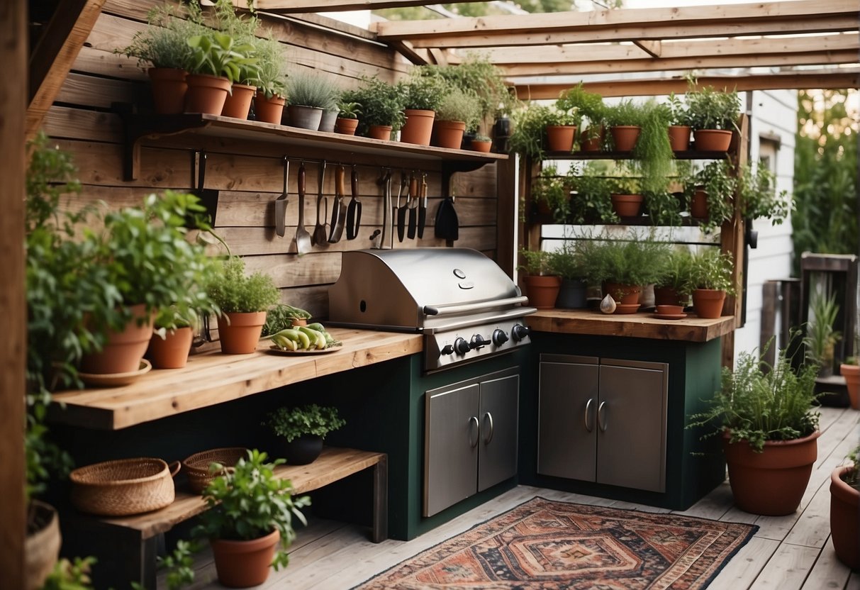 A cozy outdoor kitchen with a rustic wooden countertop, a built-in grill, and hanging string lights. Potted herbs and plants add a touch of greenery, while a colorful outdoor rug ties the space together