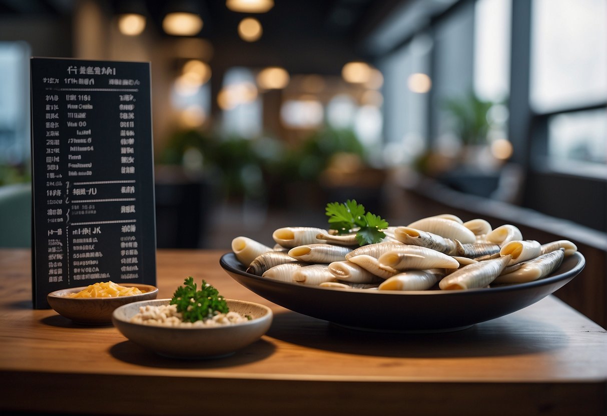 A table displays nutritional info on razor clam recipes, with Chinese characters. Benefits listed include high protein and essential minerals