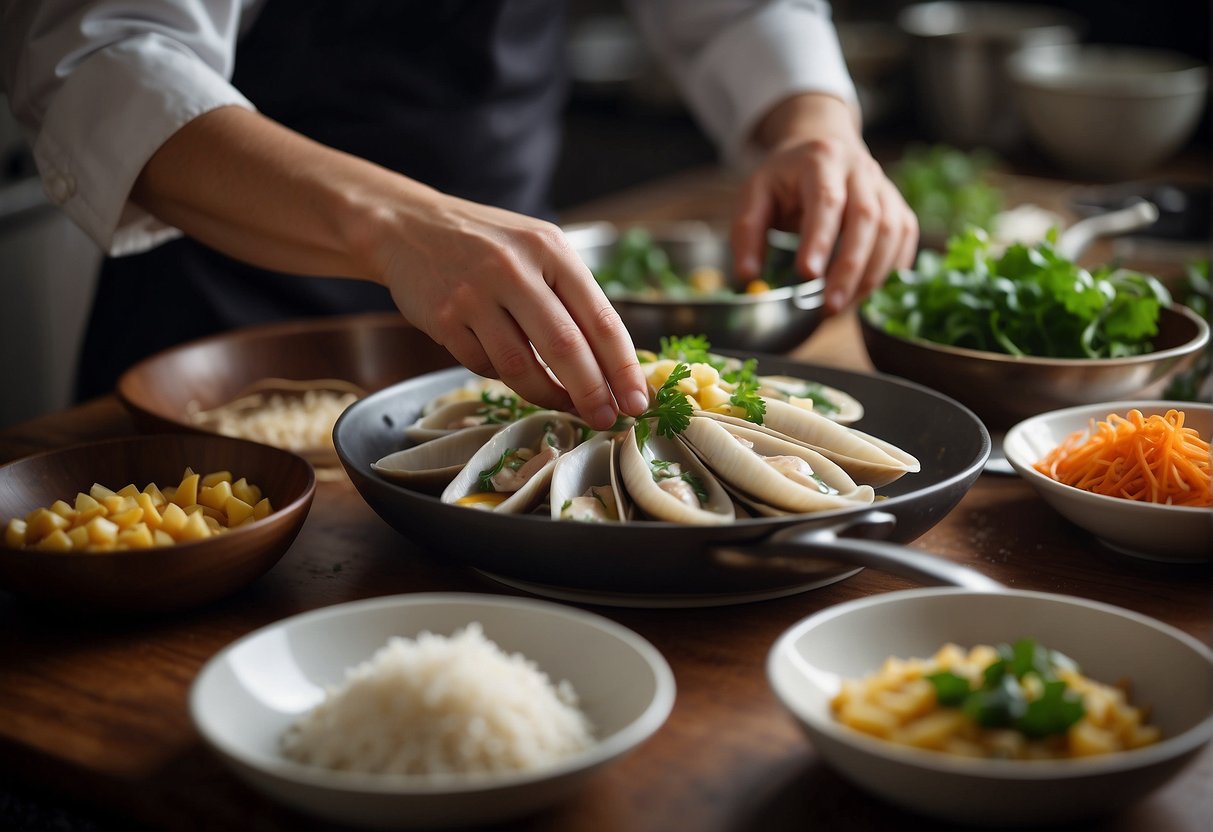 A chef preparing Chinese razor clam dishes with ingredients and cooking utensils laid out on a kitchen counter
