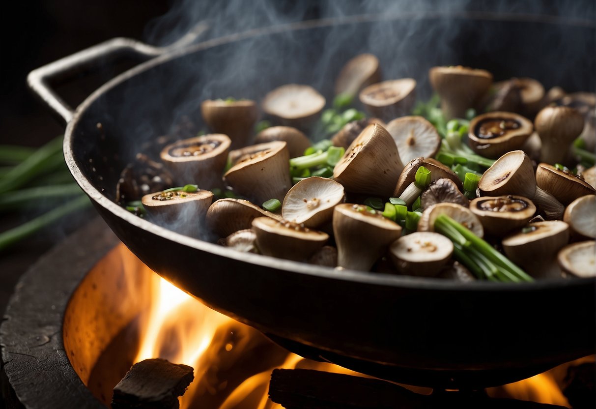 Chinese mushrooms sizzling in a hot wok with garlic, ginger, soy sauce, and green onions. Steam rising, rich aroma
