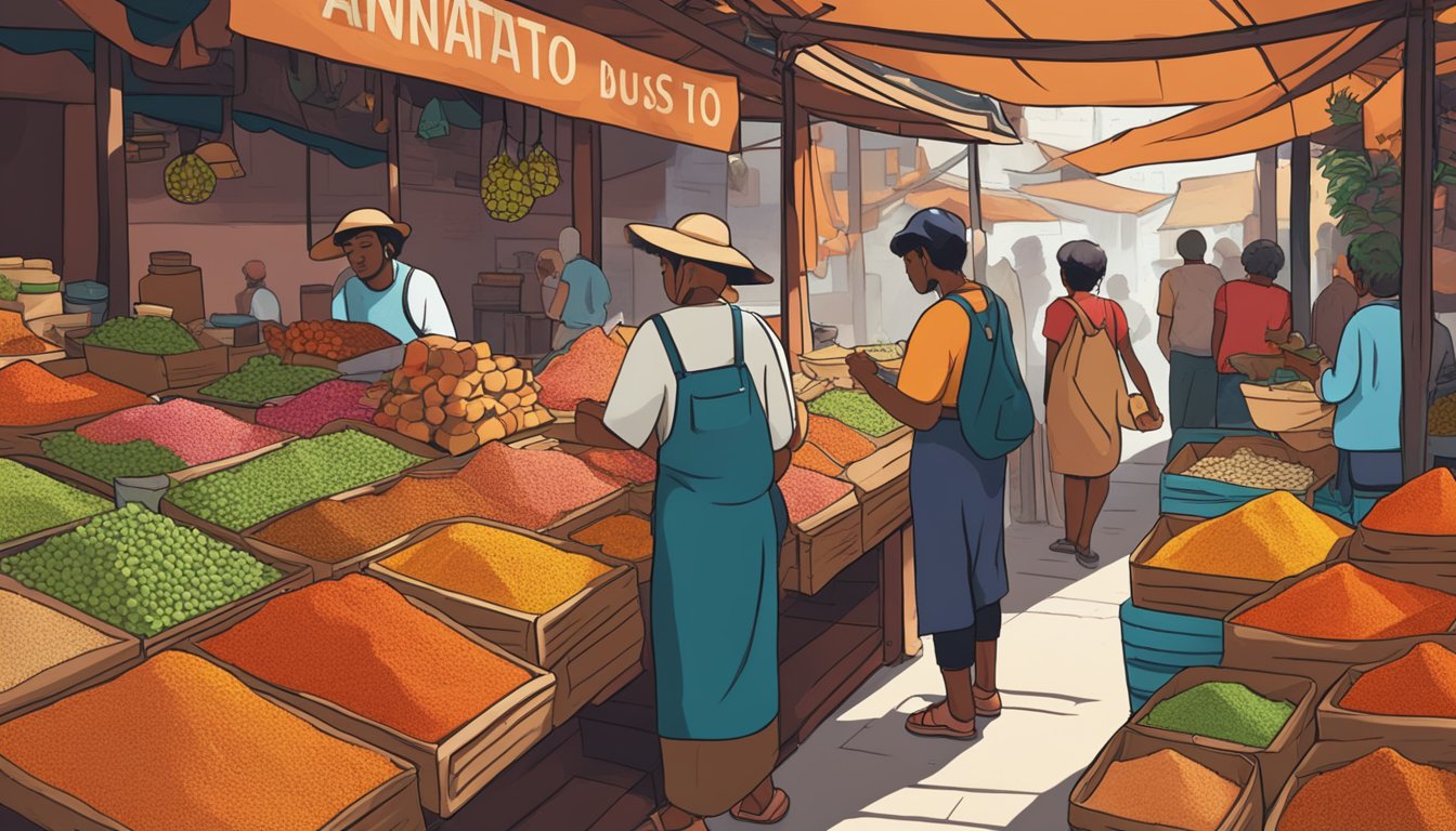 A bustling market stall displays vibrant annatto powder in small, neatly labeled bags. Customers chat with the friendly vendor as they make their purchases