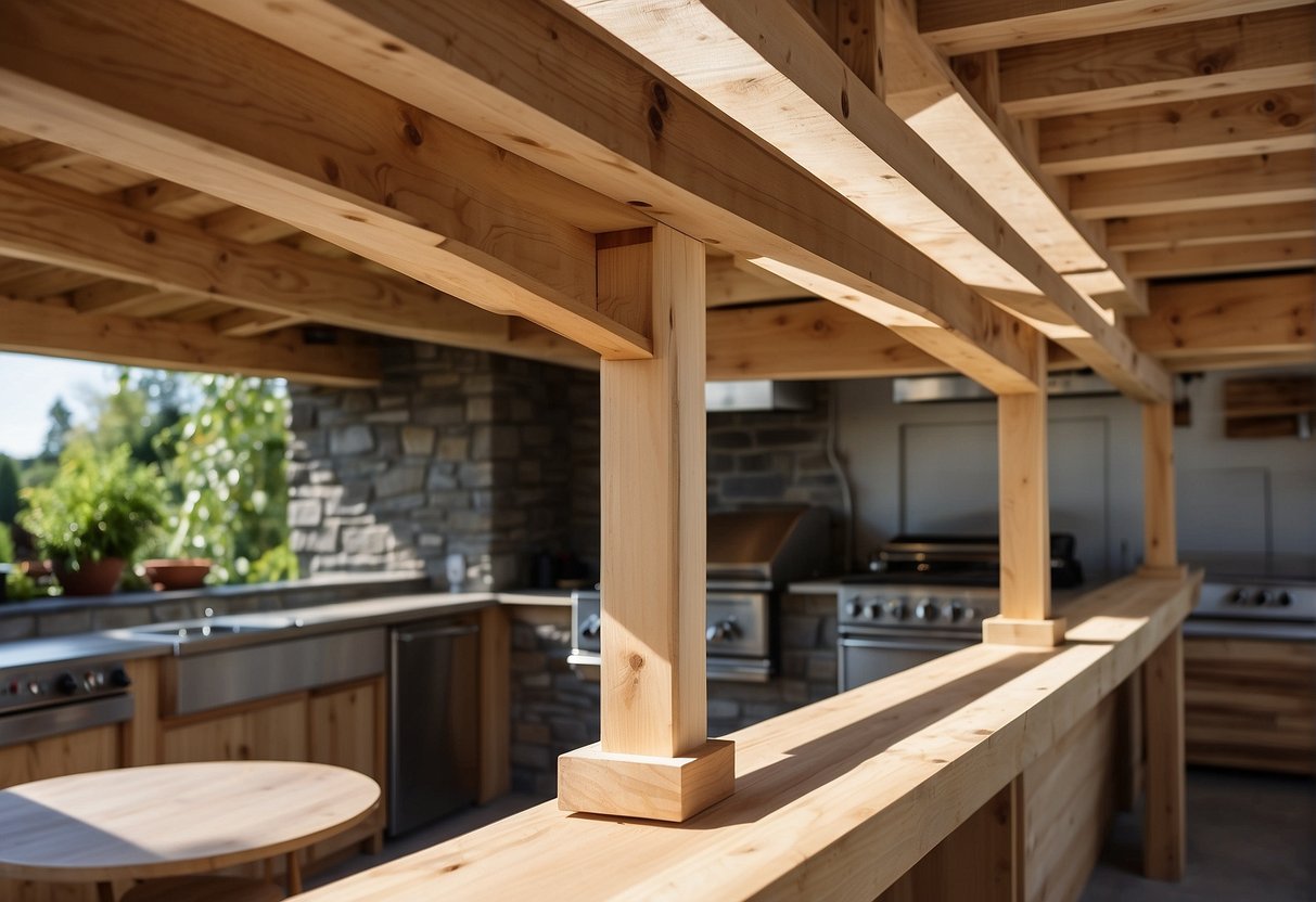 Wood beams are measured, cut, and assembled into a sturdy frame for an outdoor kitchen. Brackets and screws secure the pieces together