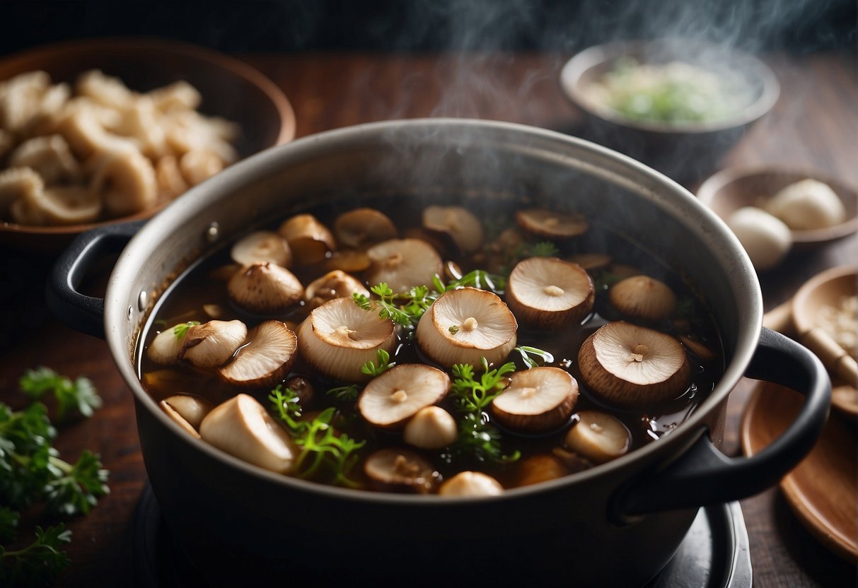 Chinese mushrooms simmer in a fragrant broth with soy sauce, ginger, and garlic. Steam rises from the pot, filling the kitchen with savory aromas