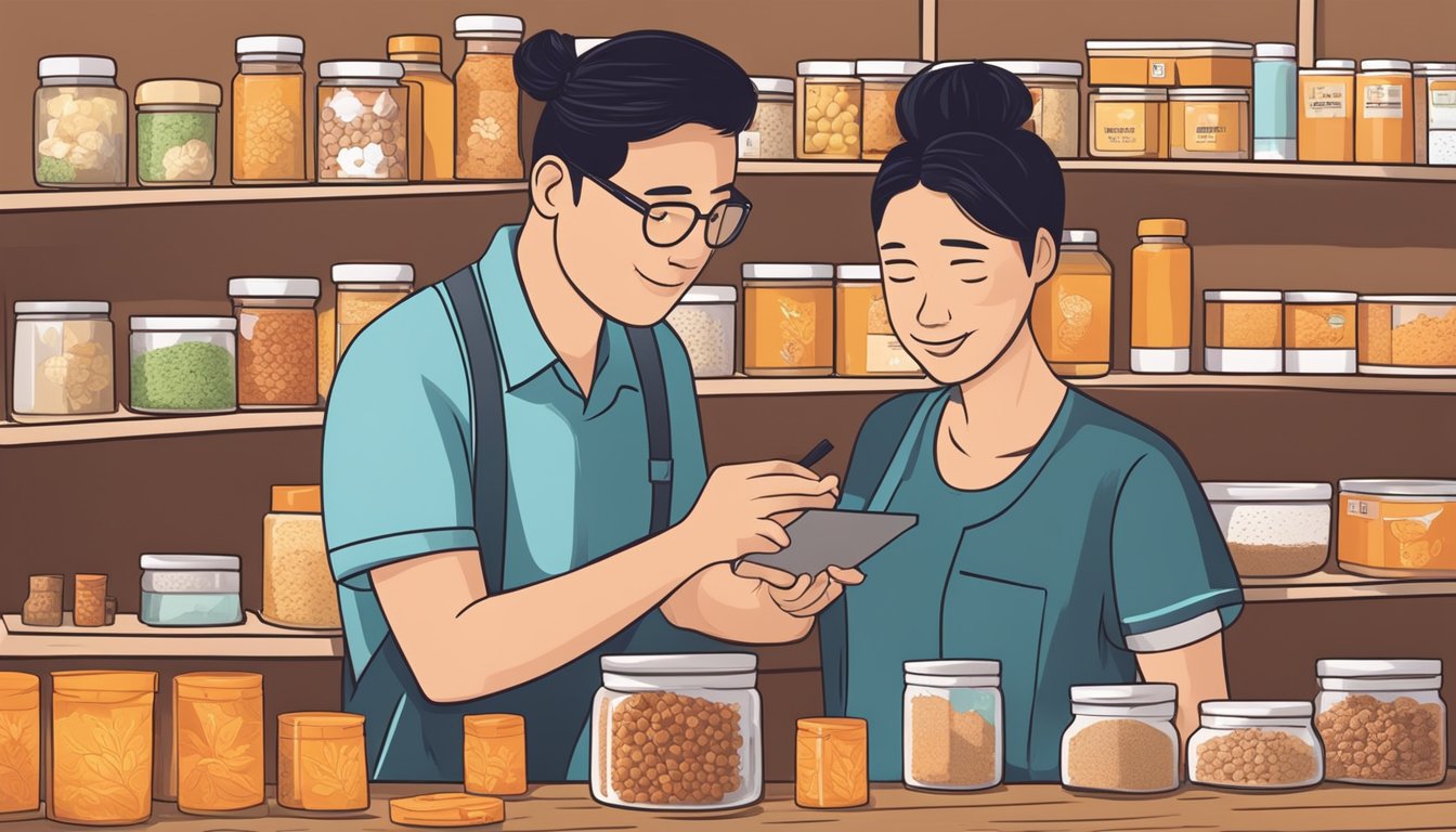 A customer carefully examines product details while a helpful support agent assists them in finding where to buy annatto powder in Singapore