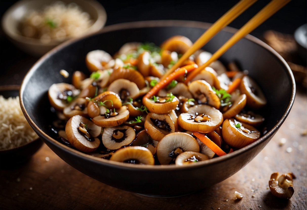 Chinese mushrooms being soaked in water, then sliced and marinated in soy sauce, ginger, and garlic. Onions and carrots being chopped. Soy sauce, sugar, and stock being mixed in a bowl