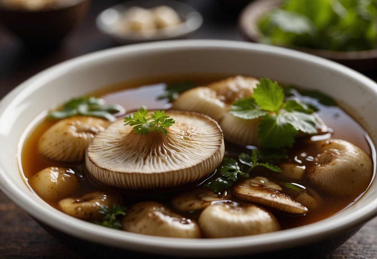 Mushrooms simmer in savory broth, surrounded by ginger, garlic, and soy sauce. Steam rises from the pot as the liquid reduces and flavors intensify