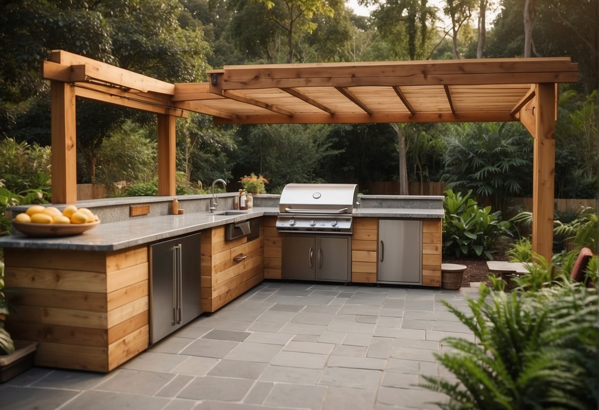 An outdoor kitchen with a sturdy wood frame, complete with a built-in grill, sink, and counter space, surrounded by lush greenery and comfortable seating