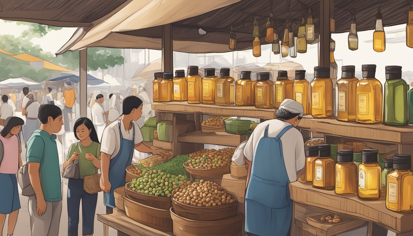 A bustling market stall displays bottles of argan oil in Singapore. Shoppers browse the selection, while a vendor stands ready to assist