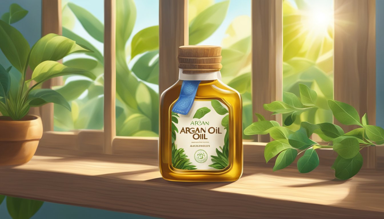 A bottle of argan oil sits on a wooden shelf, surrounded by lush green plants. The sunlight streams in through a nearby window, casting a warm glow on the label