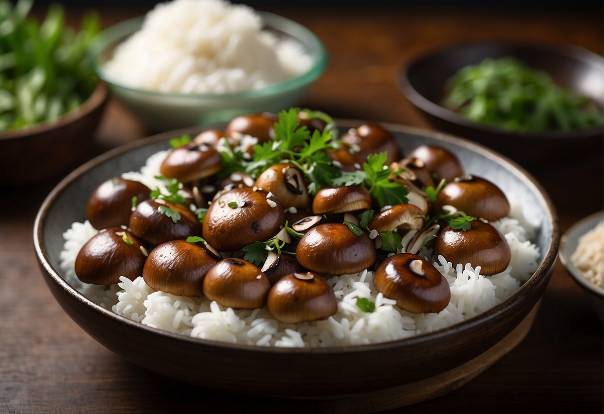 A platter of braised Chinese mushrooms garnished with fresh herbs and sesame seeds, accompanied by a side of steamed jasmine rice