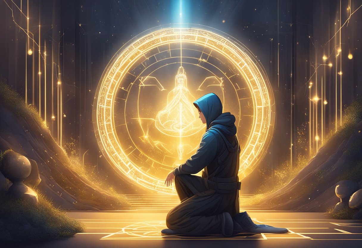 A figure kneels in front of a glowing light, surrounded by symbols of success and abundance. The atmosphere is filled with hope and determination