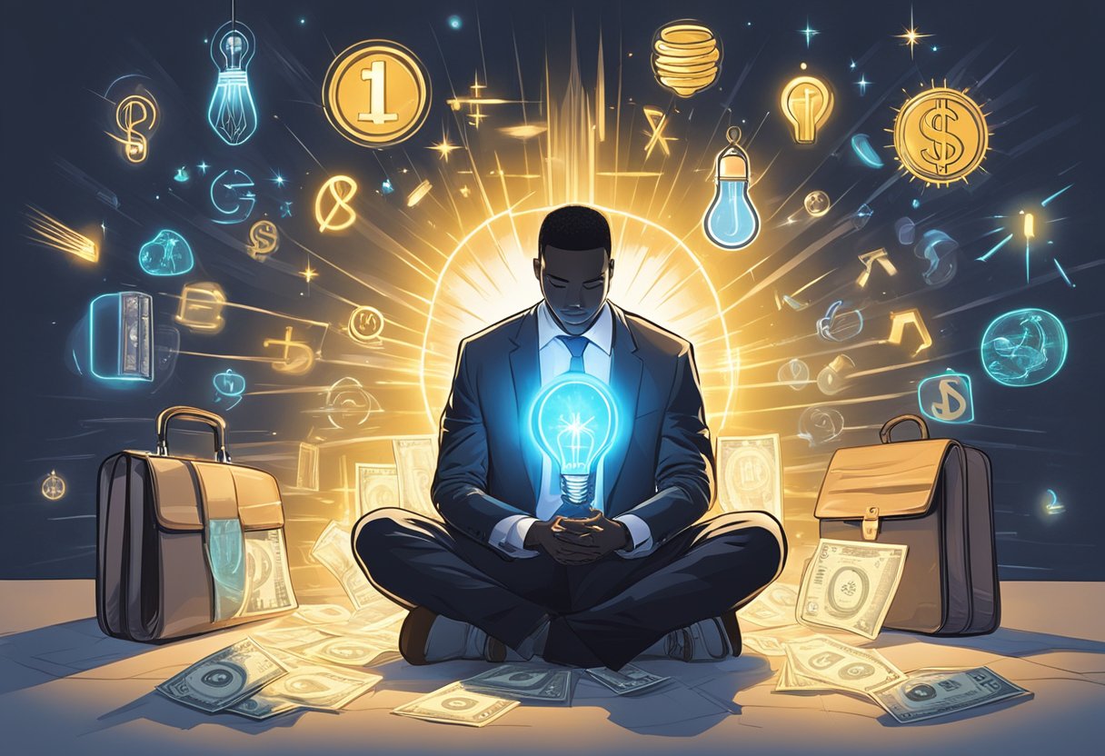 A figure kneels in prayer, surrounded by symbols of entrepreneurship: a briefcase, a lightbulb, and a dollar sign. Rays of light shine down from above, illuminating the scene