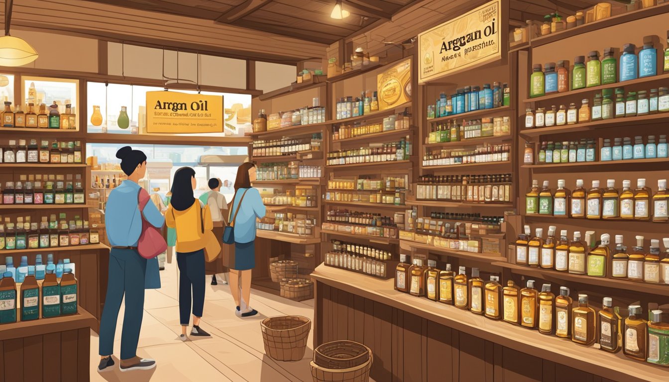 A bustling marketplace in Singapore displays shelves of argan oil bottles, with vibrant signage promoting its benefits. Customers browse and inquire about the product