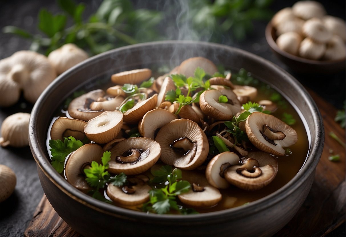 Chinese mushrooms simmer in a savory broth with soy sauce, ginger, and garlic. Aromatic steam rises from the pot, symbolizing the cultural significance of this traditional recipe