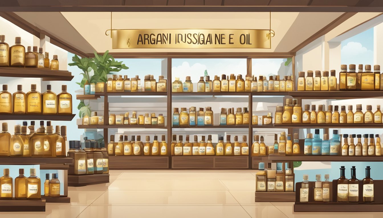 A display of argan oil bottles in a Singaporean store, with a sign indicating "Frequently Asked Questions: Where to buy argan oil in Singapore."