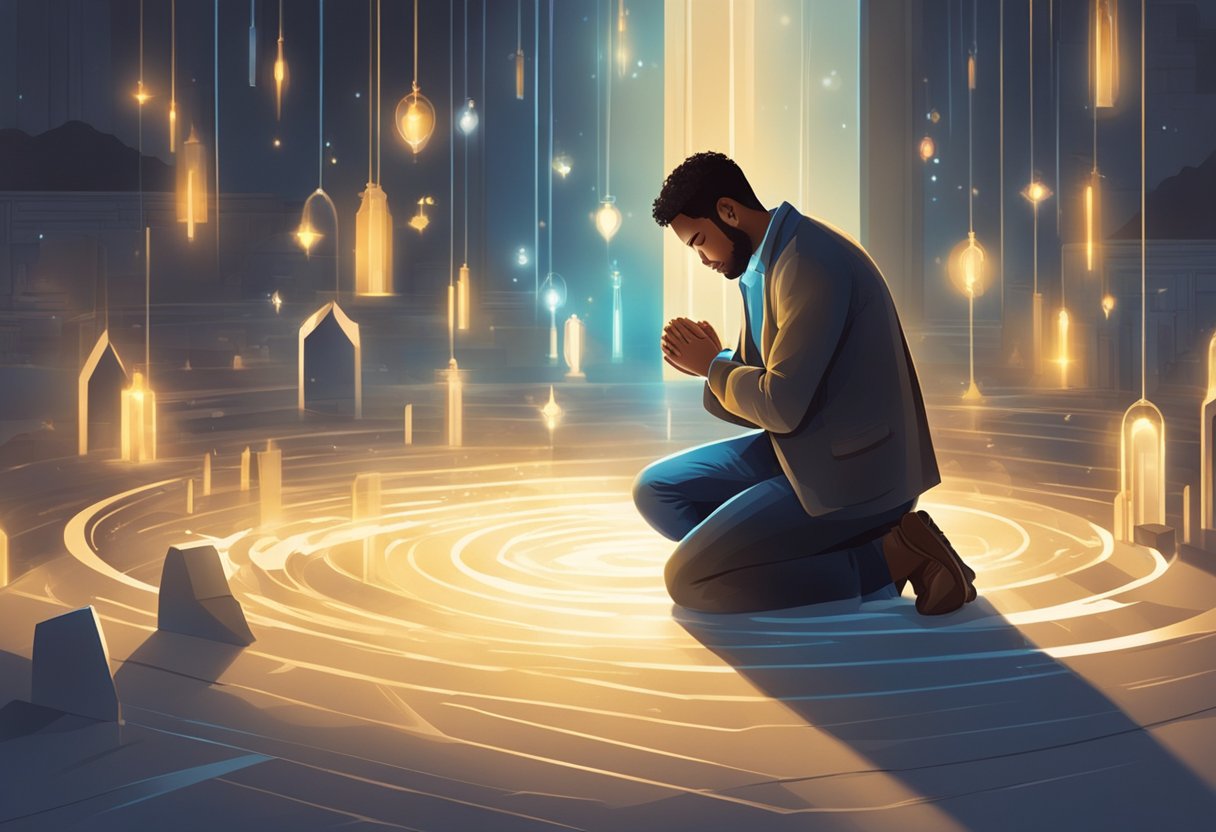 A person kneels in prayer, surrounded by symbols of entrepreneurship. Light streams in, illuminating the scene and creating a sense of hope and possibility