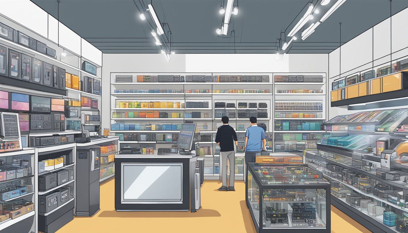 A bustling electronics store in Singapore showcases a variety of Audio-Technica products on sleek, modern shelves. Customers browse and interact with knowledgeable staff