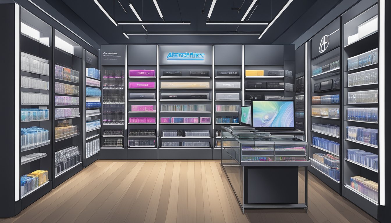 An electronics store in Singapore displays a range of Audio-Technica products on sleek, modern shelves. The store is well-lit and organized, with clear signage indicating the availability of Audio-Technica products