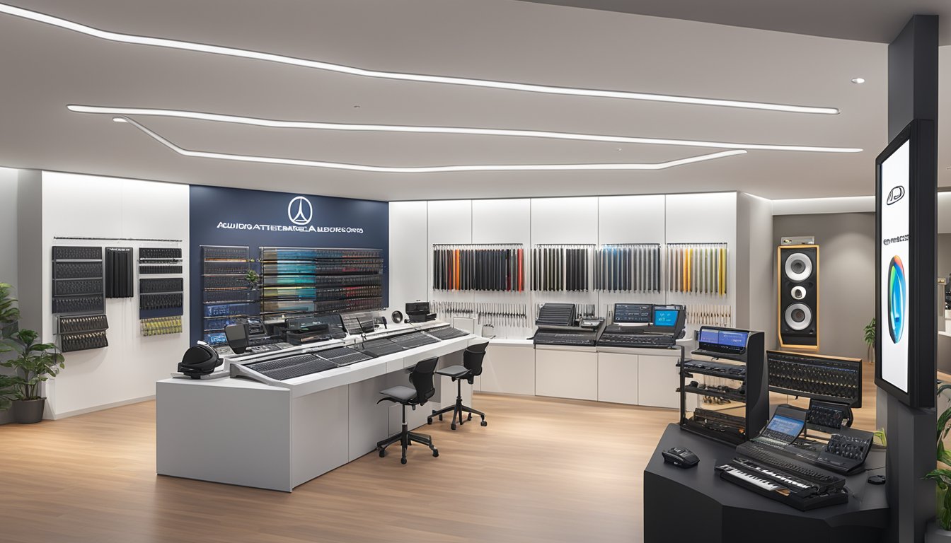 A diverse array of Audio-Technica products displayed in a spacious, well-lit showroom with sleek, modern design and signage indicating where to buy Audio-Technica in Singapore