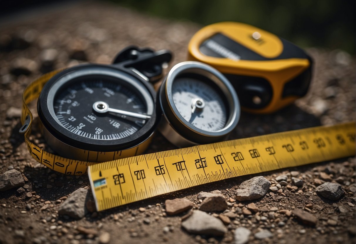 Tools and materials laid out on the ground, measuring tape and level in hand, ready to mark and dig for the steps