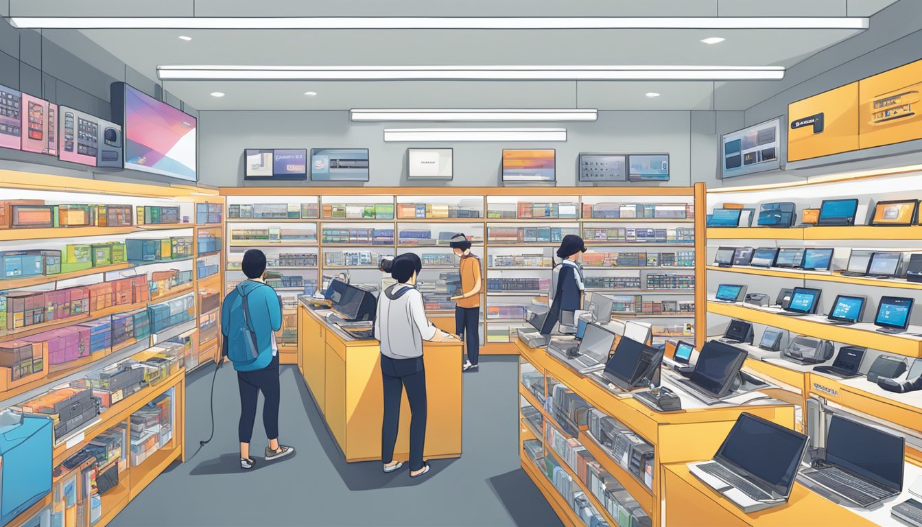 A bustling electronics store in Singapore, shelves lined with Audio-Technica products. Customers browsing, staff assisting. Bright, modern atmosphere