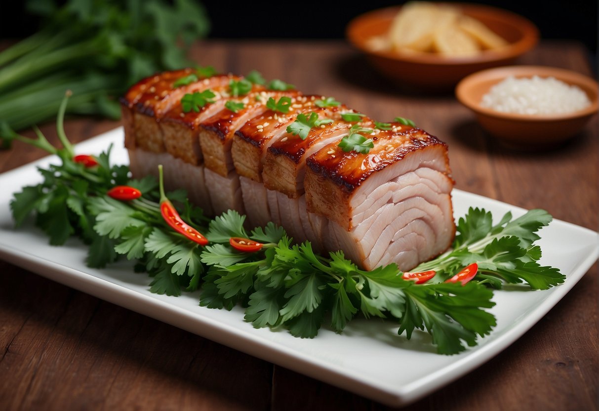 A whole slab of Chinese roast pork belly with crispy crackling, resting on a bed of fresh green herbs and garnished with slices of red chili and spring onions