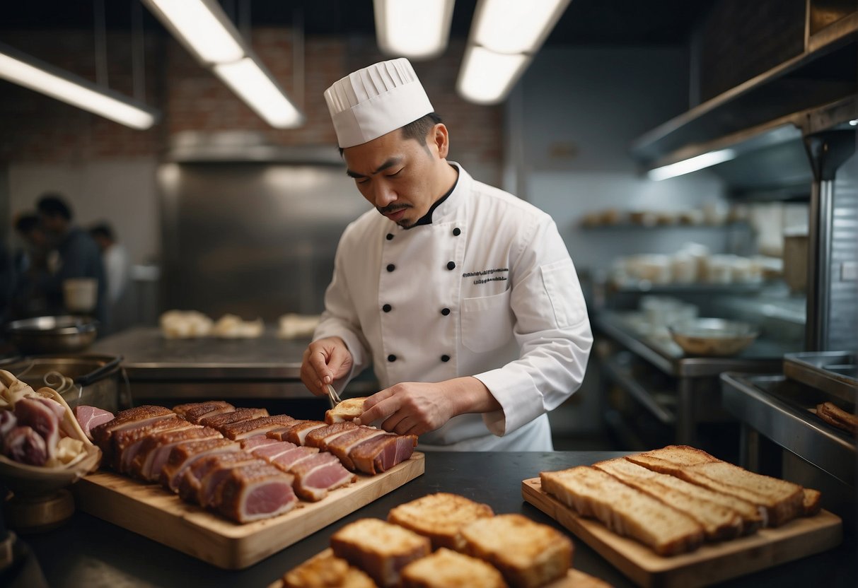 A chef selecting pork belly at a butcher shop, examining the marbling and thickness. A recipe book open to "Chinese Roast Pork Belly with Crackling" lies nearby