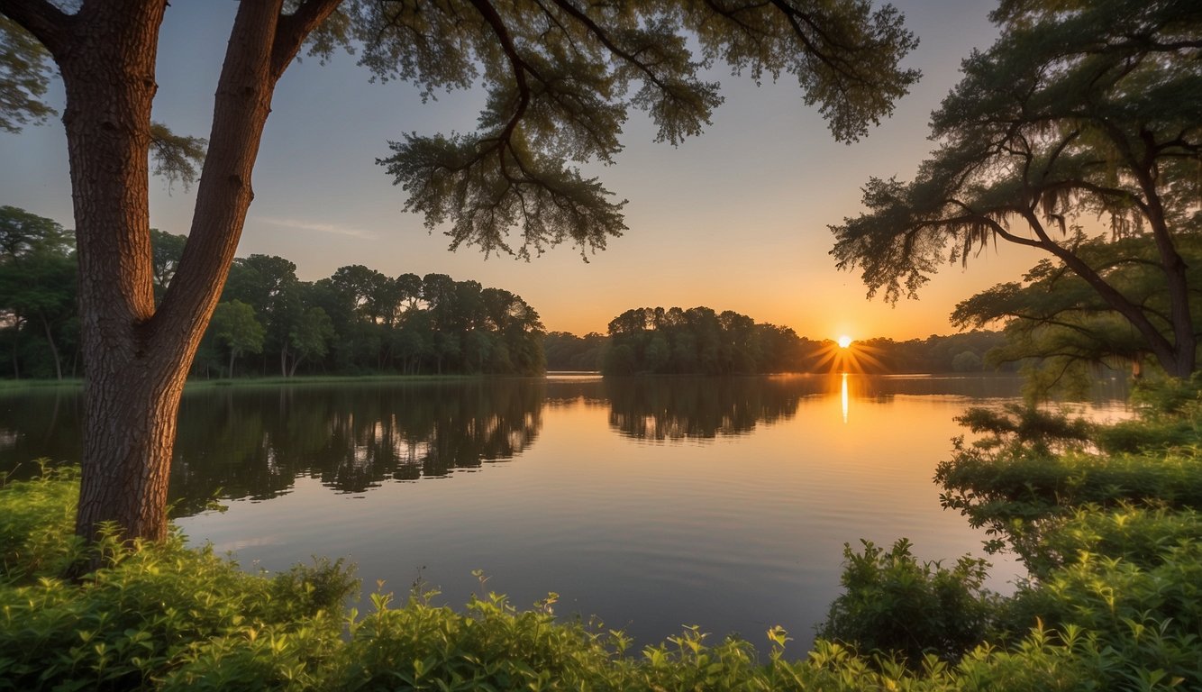 Sunset over calm lake with lush greenery and tall trees in Lakeside Park, Texas