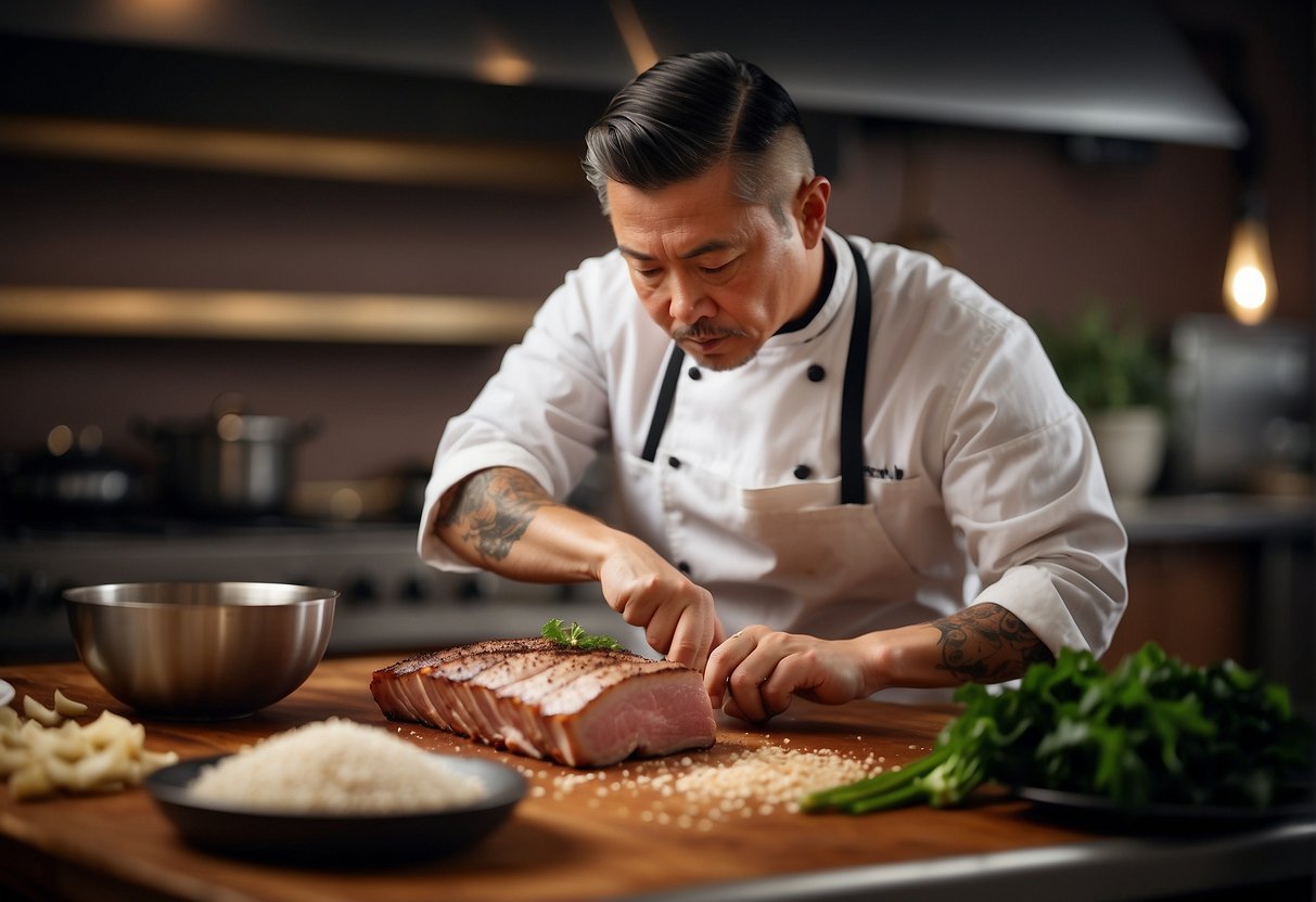 A chef seasoning a slab of pork belly with salt, pepper, and Chinese five-spice powder, then scoring the skin to prepare for roasting
