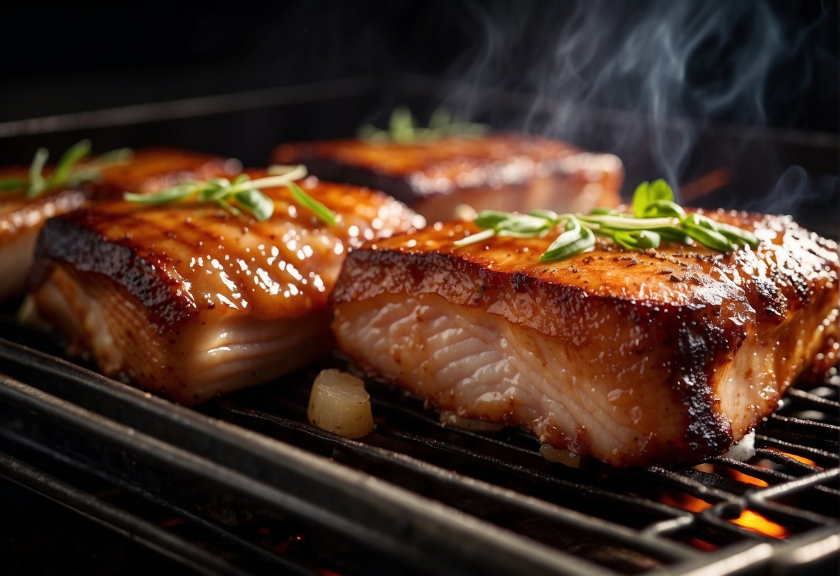 Pork belly sizzling in the oven, crackling and browning as it roasts, emitting a savory aroma