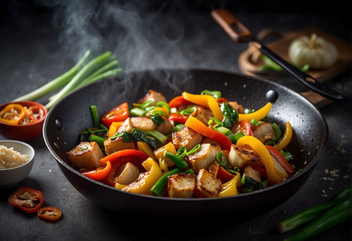 A wok sizzles with garlic, ginger, and soy sauce as chunks of cod fish are stir-fried with colorful bell peppers and green onions