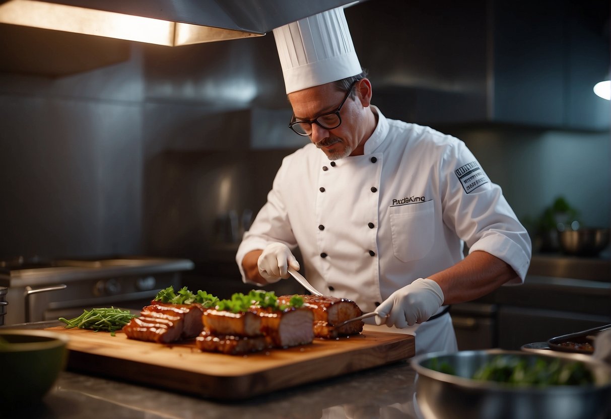 The chef applies glaze to the crispy pork belly, adding the finishing touch before serving. The meat glistens under the light, inviting the viewer to savor the succulent dish