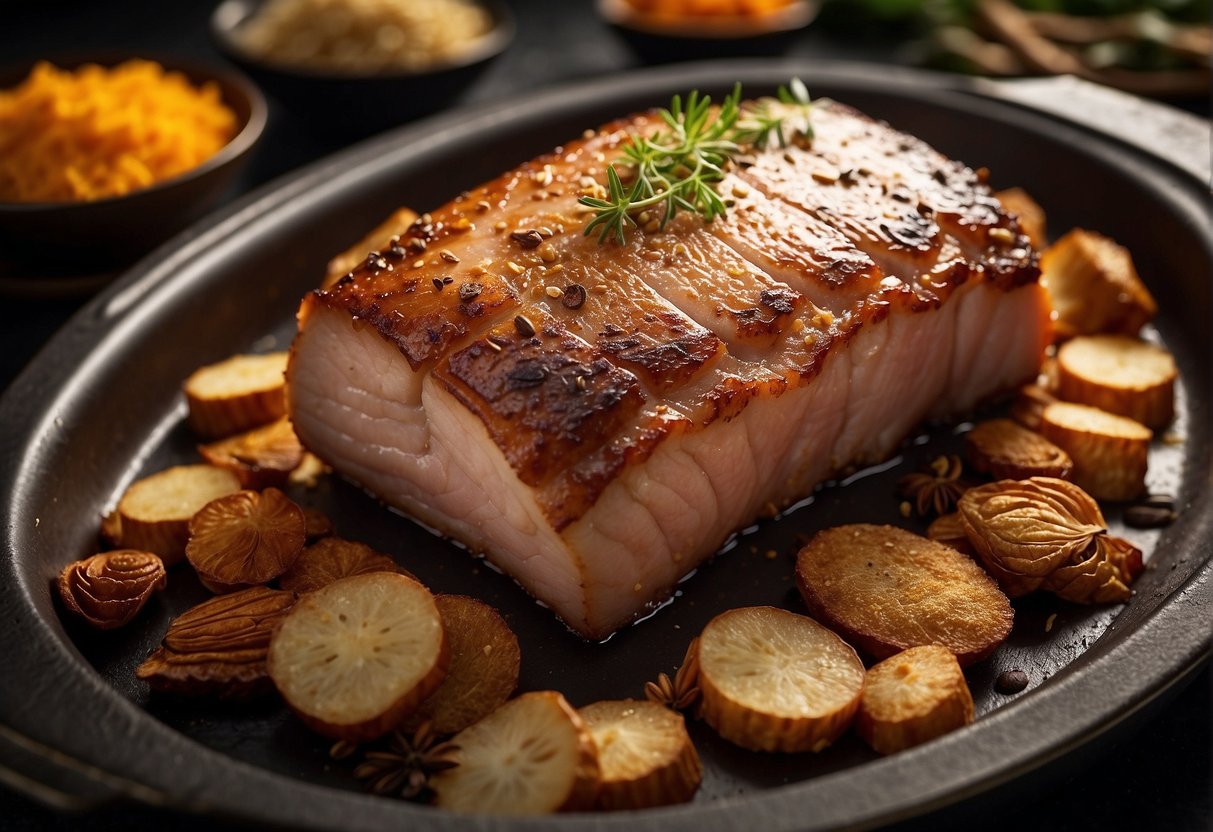 A whole pork belly sizzling in a roasting pan, with golden crackling forming on the surface. Surrounding it are traditional Chinese spices and herbs like star anise, ginger, and garlic