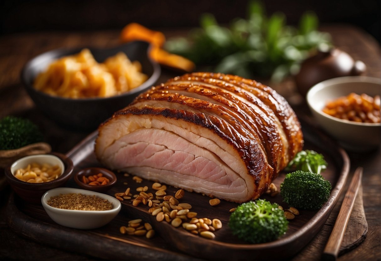 A whole roasted pork belly with crispy crackling, surrounded by traditional Chinese ingredients and utensils