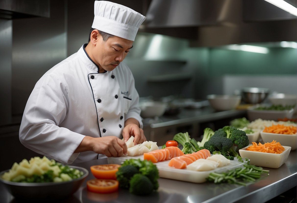 A chef carefully selects fresh cod and traditional Chinese ingredients for a flavorful fish dish