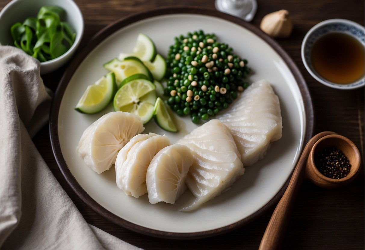 A cutting board with sliced ginger, garlic, and scallions, a bowl of soy sauce, and a plate of fresh cod fillets