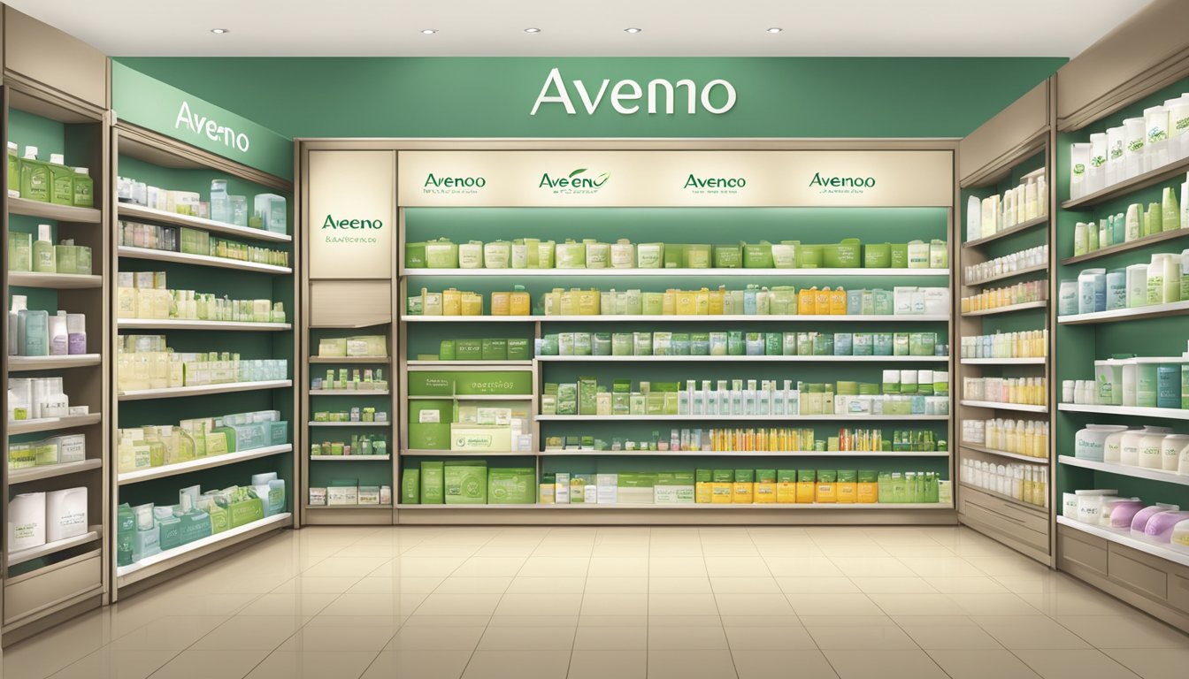 A bright, modern store in Singapore showcases a range of Aveeno skincare products on sleek shelves. The packaging is clean and inviting, drawing in potential customers