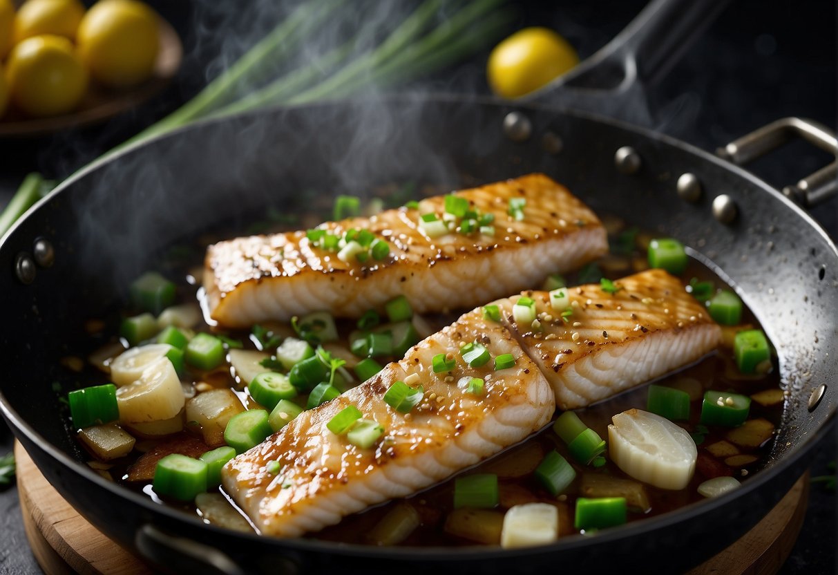 Cod fish sizzling in a wok with ginger, garlic, and soy sauce. Steam rising, aromatic flavors fill the air. Chopped green onions sprinkled on top