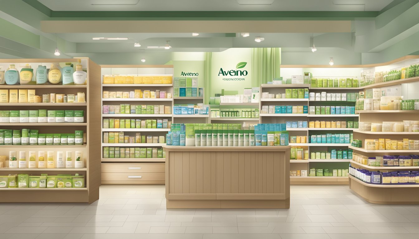 Aveeno products displayed on shelves in a well-lit store in Singapore. Labels highlight skin and hair benefits
