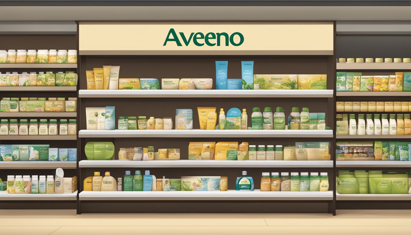 Shelves of Aveeno products in a Singapore store, with clear signage and organized display