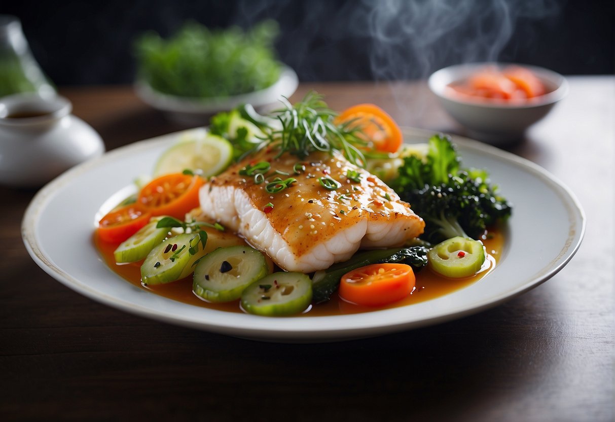 A steaming plate of Chinese-style cod fish with vibrant vegetables and savory sauce