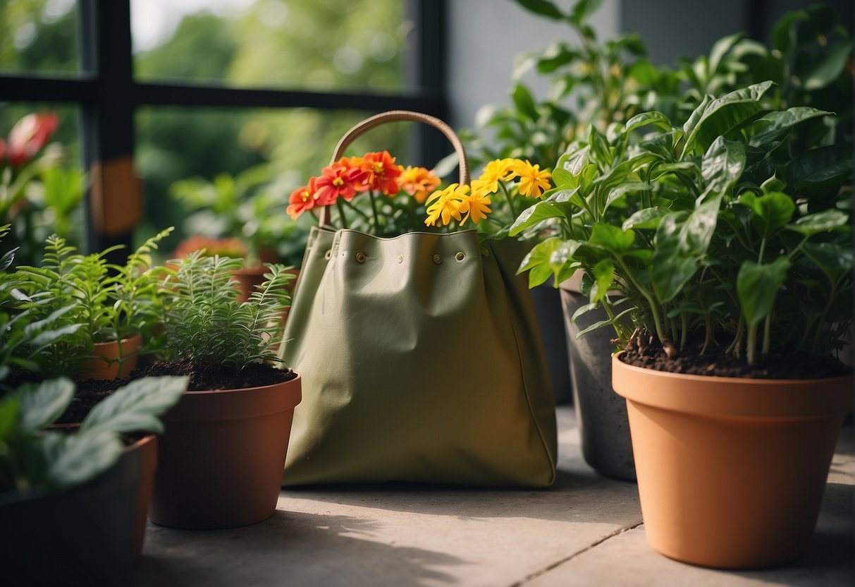 A bag of organic plant food sits next to a potted plant, surrounded by lush green leaves and vibrant flowers