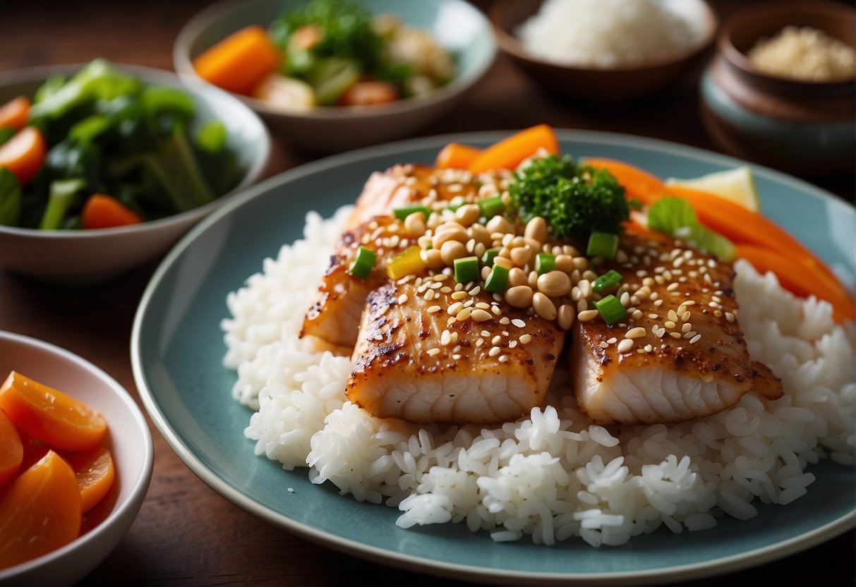 A platter of Chinese-style cod fish, surrounded by colorful vegetables and garnished with sesame seeds, sits on a wooden table next to a bowl of steamed rice